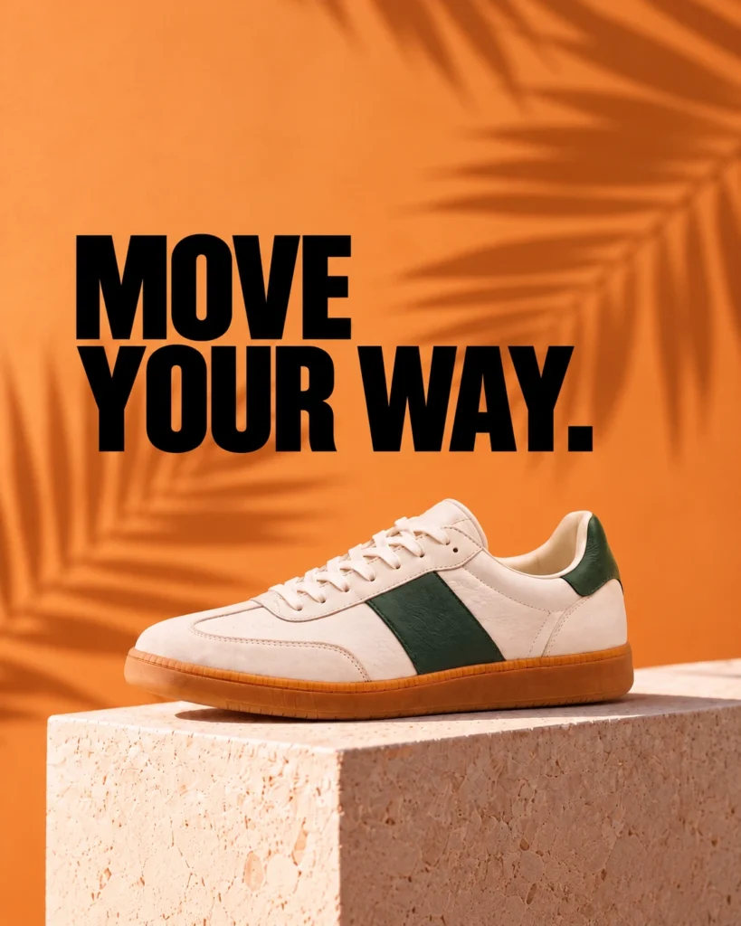 A cream sneaker with a forest green panel and gum sole on travertine blocks, below black Move Your Way lettering on orange.