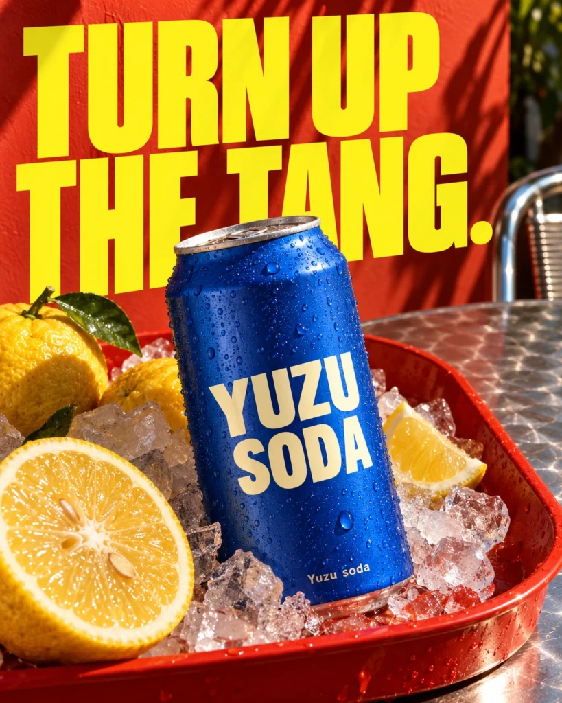 A cobalt Yuzu Soda can in wet ice and citrus on a red tray, overlapping the yellow headline Turn Up the Tang.