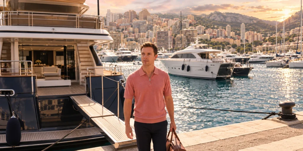 Man wearing a coral polo shirt beside a marina in golden light.