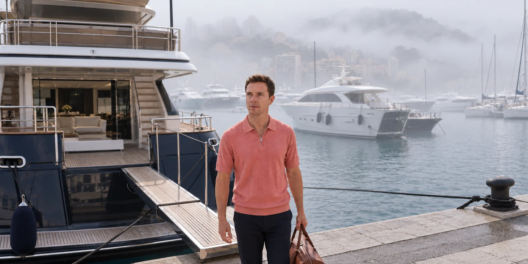 Coral polo at the marina in mist.