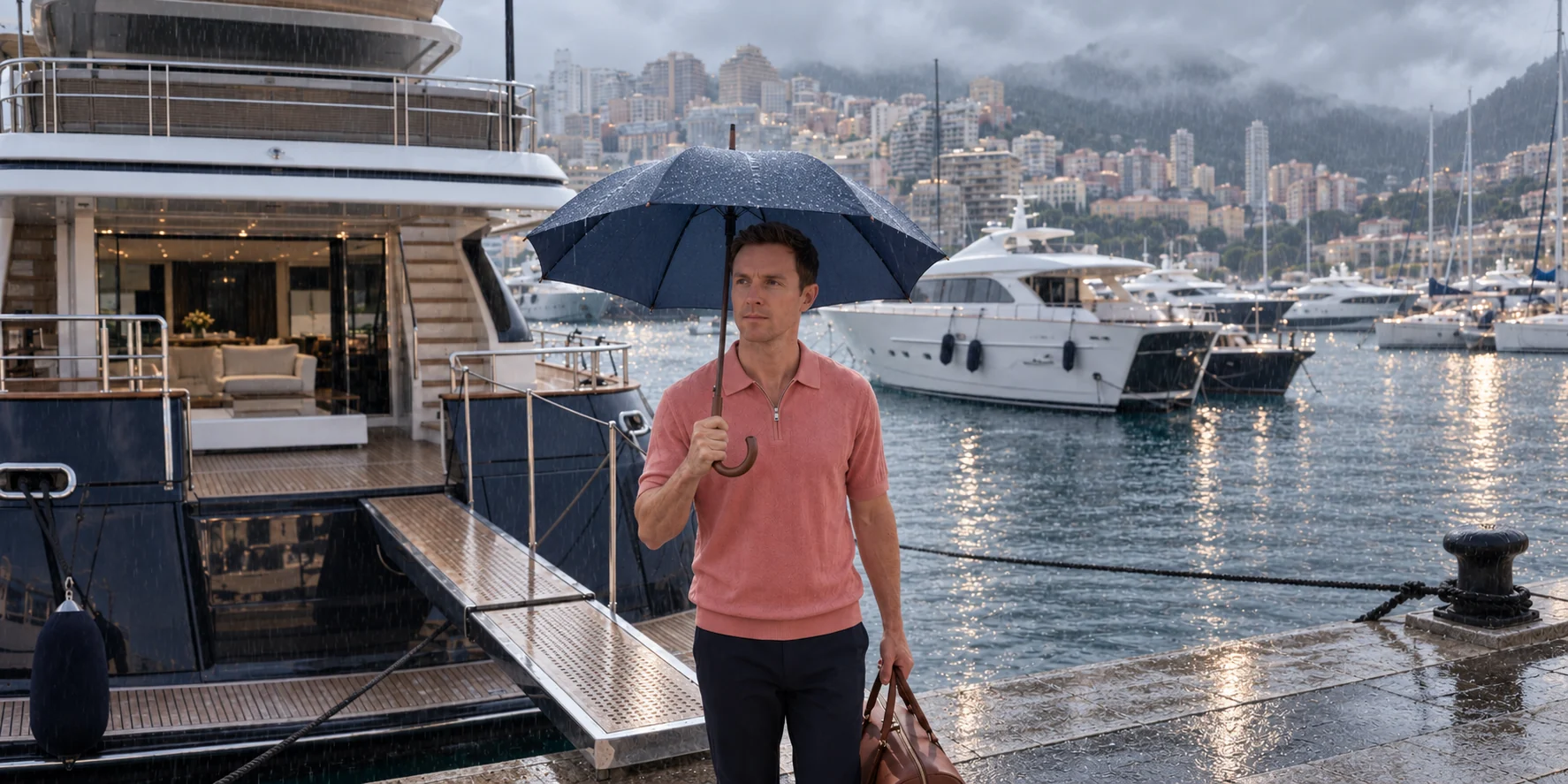Coral polo at the marina in rain.