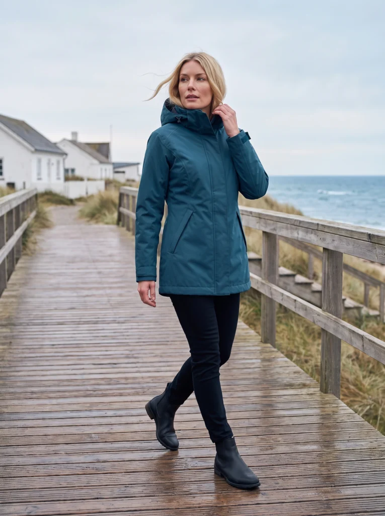 Blonde woman in the petrol-blue raincoat on a coastal timber boardwalk.