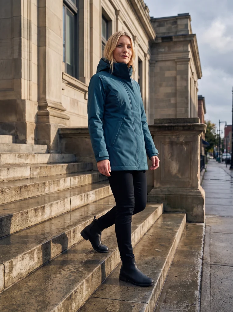 The raincoat wearer stepping down limestone city steps in afternoon light.