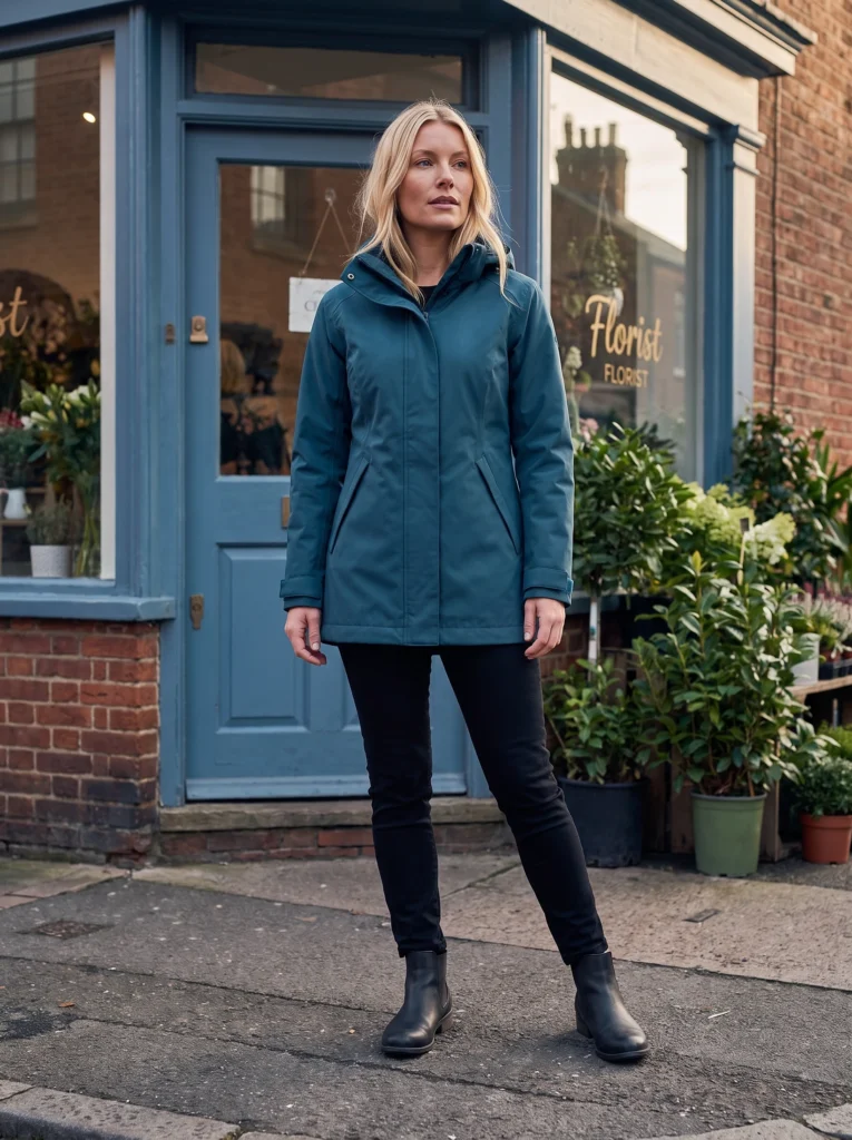 The same raincoat styling outside a blue-fronted neighbourhood florist.