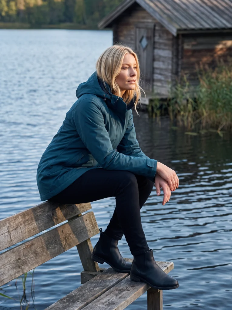 Blonde woman seated beside a lake in the petrol-blue coat and black trousers.