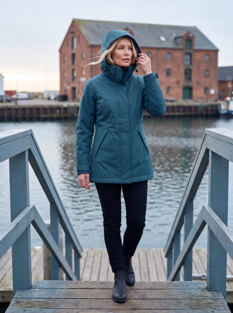 Blonde woman in the full petrol-blue raincoat steadying its raised hood at a harbor stair.
