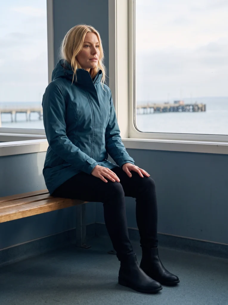 Raincoat wearer seated beside a ferry window overlooking the water.