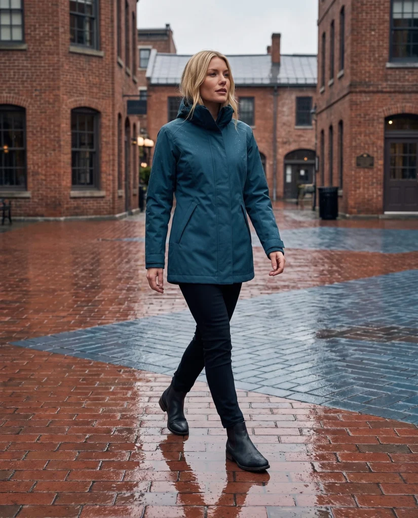 Adult blonde woman walking in the complete petrol-blue raincoat and black boots across a wet brick courtyard.