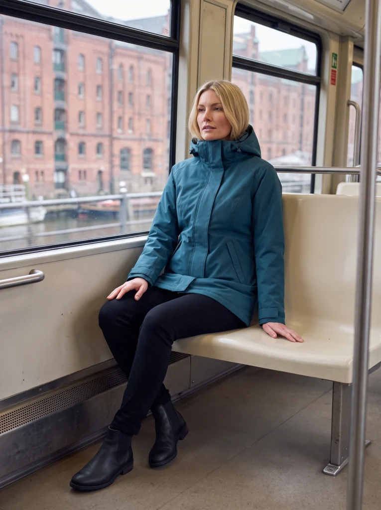 Blonde woman seated beside a carriage window wearing a petrol-blue raincoat and black boots.