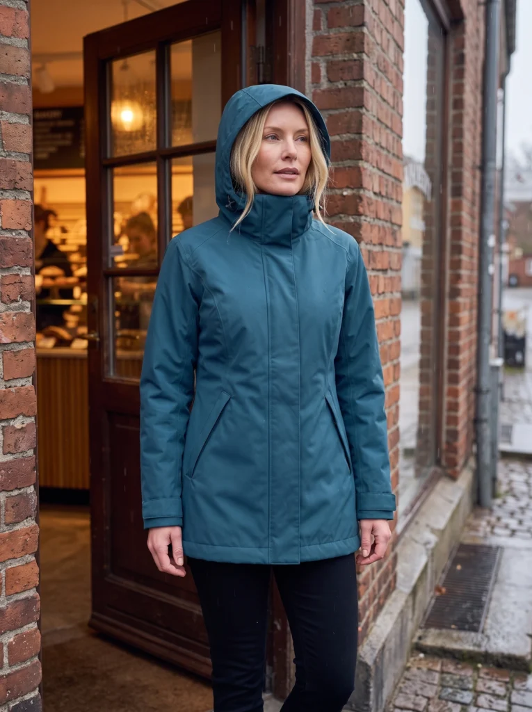 Petrol-blue raincoat: hood-up three-quarter portrait at a brick bakery doorway.