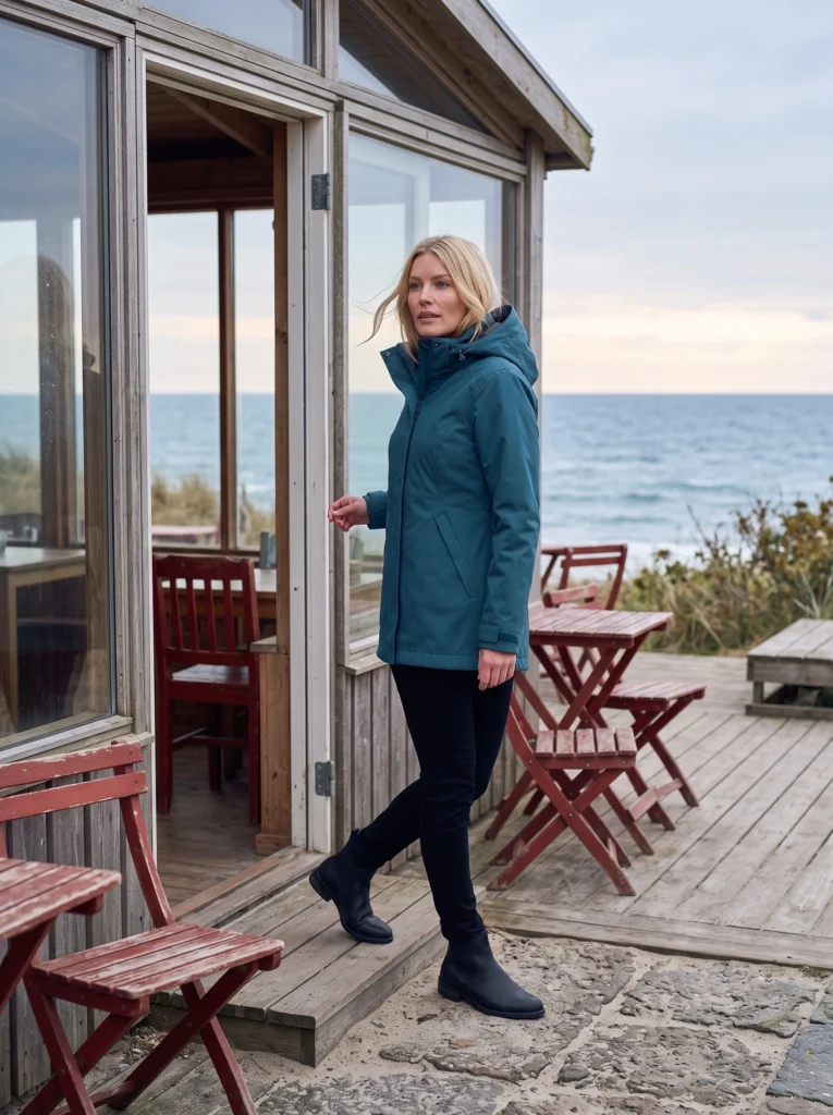 Petrol-blue raincoat: full outfit arriving at a seaside cafe.