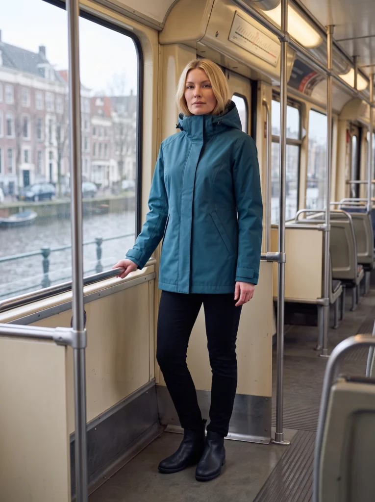 Blonde woman in a closed petrol-blue raincoat standing beside a tram window.