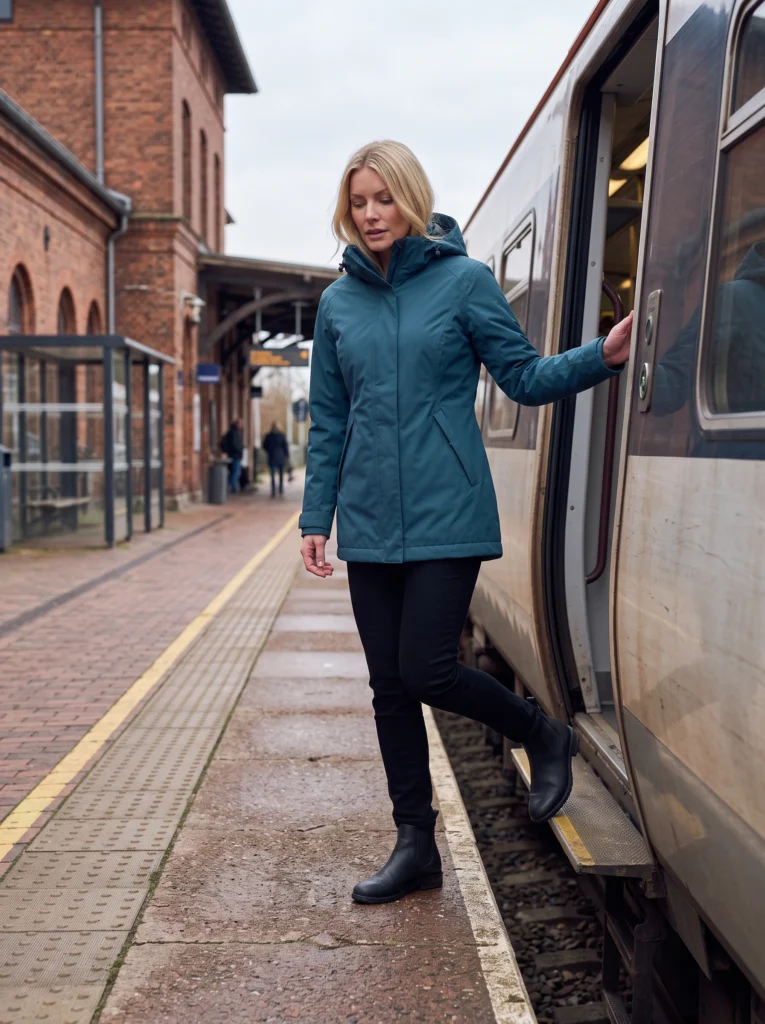 Blonde woman stepping from a commuter train in a petrol-blue raincoat with the collar partly open.