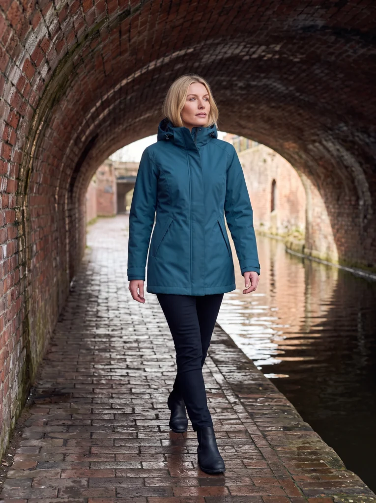 Blonde woman walking beside a canal under a brick arch in a petrol-blue raincoat with the upper collar open.