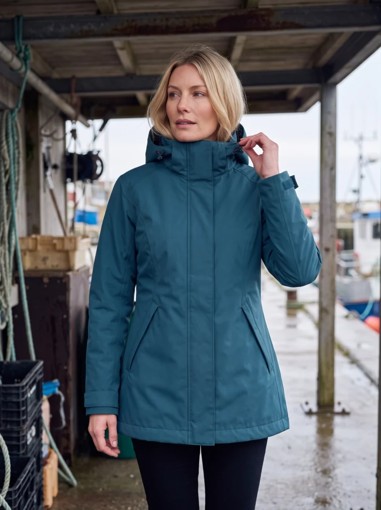 Blonde woman touching a raincoat hood toggle beneath a harbor canopy.