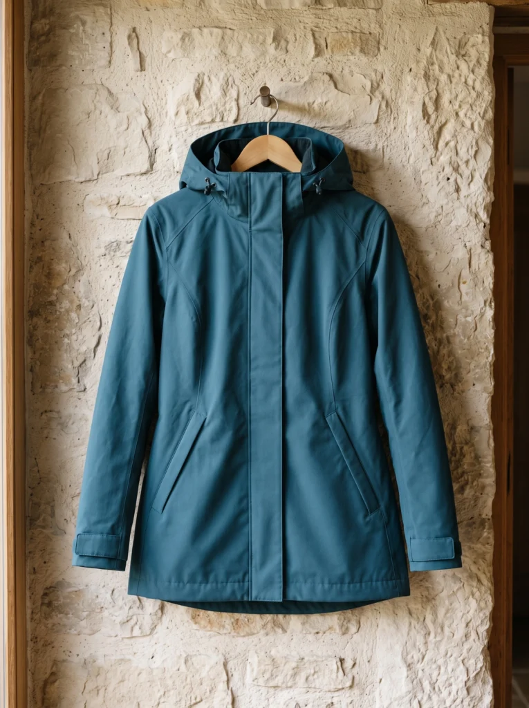 Complete petrol-blue raincoat hanging front-facing on a wooden hanger against a stone wall.