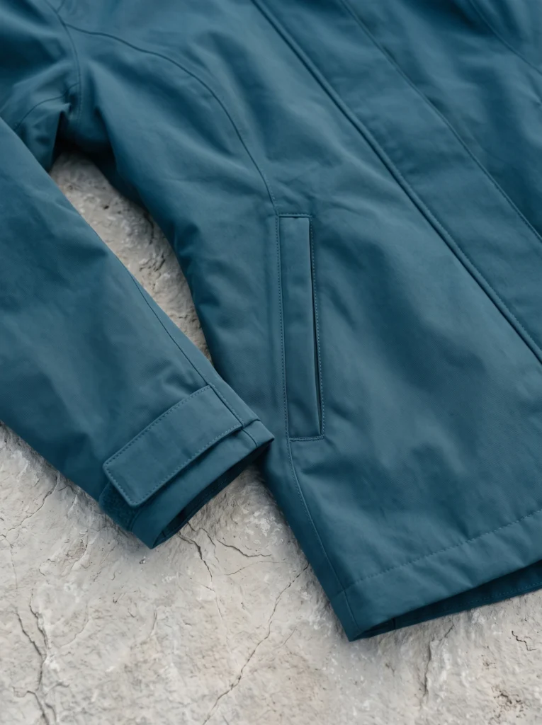 Close view of the petrol-blue raincoat cuff tab, matte fabric and welt pocket.