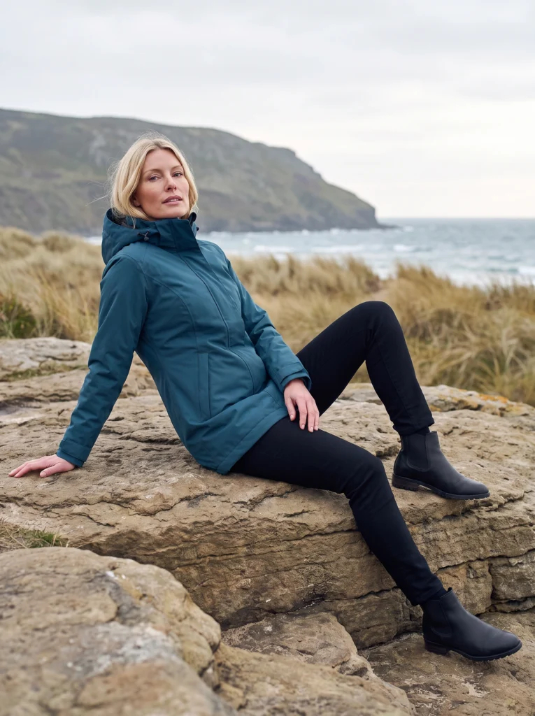 Blonde woman leaning back on a coastal rock in the complete petrol-blue raincoat with both black boots visible.