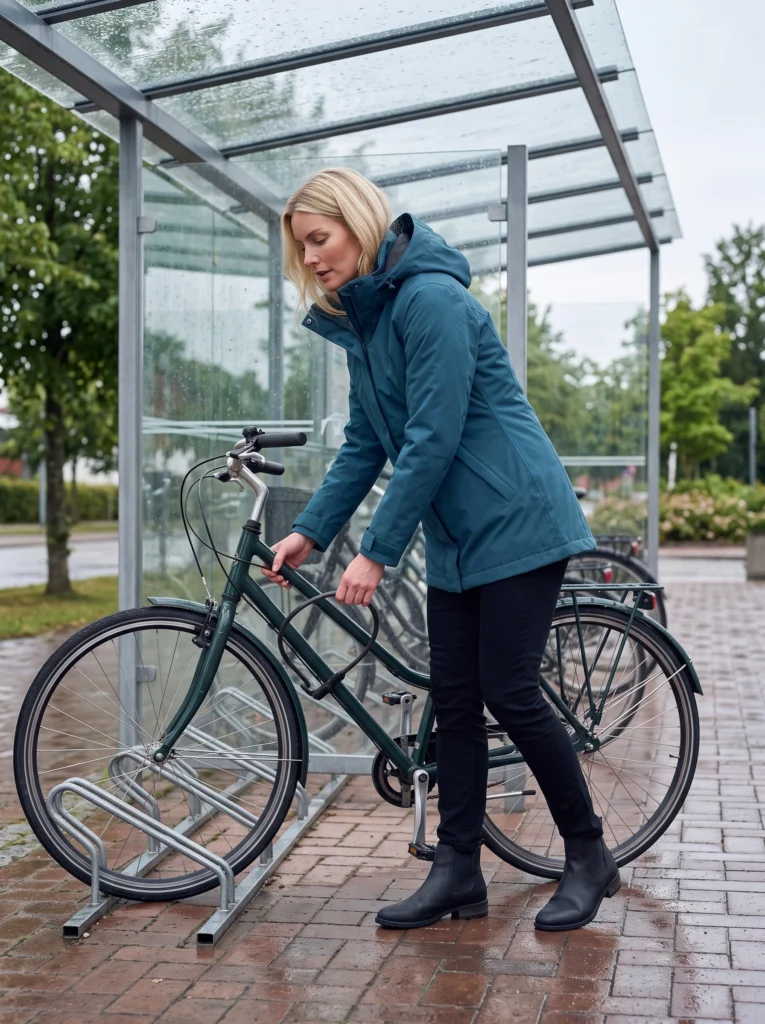 Blonde woman bending toward a bicycle cable lock in the complete petrol-blue raincoat beneath a glass shelter.
