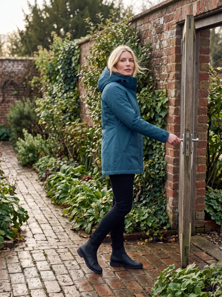 Blonde woman turning toward a garden gate in the closed petrol-blue raincoat.