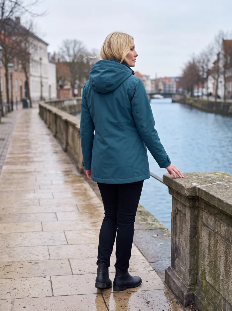 Rear three-quarter view of a blonde woman in the petrol-blue hooded raincoat, with the full coat and both black boots visible beside a canal.