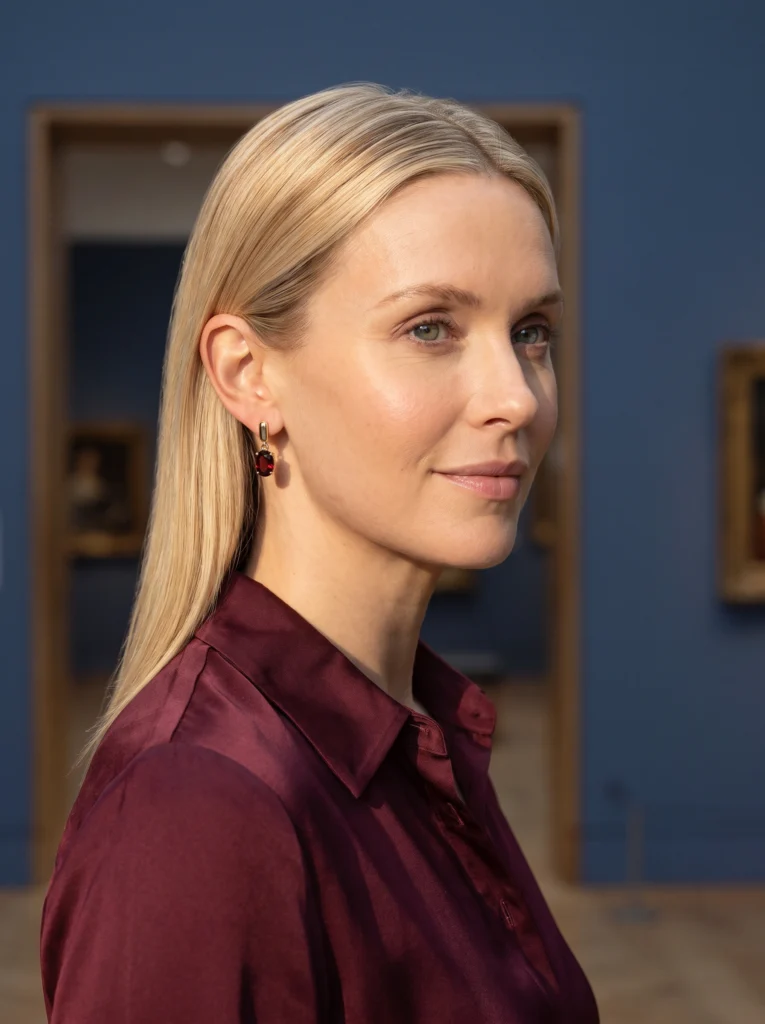 Blonde woman wearing gold-and-garnet earrings and burgundy silk in gallery sunlight.