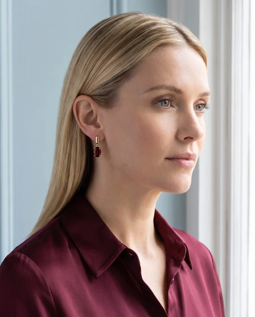 Adult blonde woman wearing the gold-and-garnet earring in a daylight portrait.