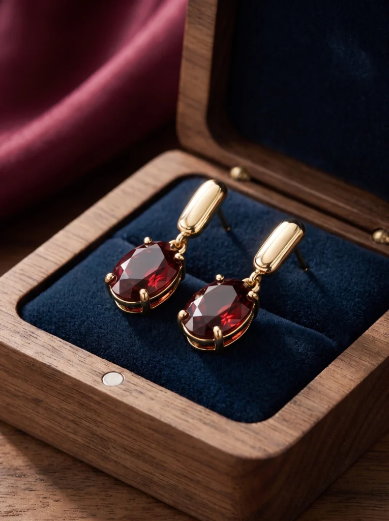 Complete gold-and-garnet earring pair on the blue lining of an open walnut jewelry box.