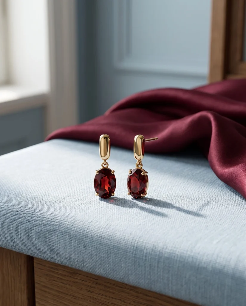 Complete gold-and-garnet earring pair upright on pale blue fabric beside burgundy silk.