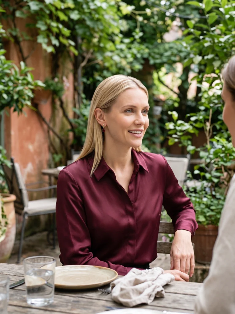 Gold-and-garnet drop earrings: garden restaurant conversation with visible near earring.