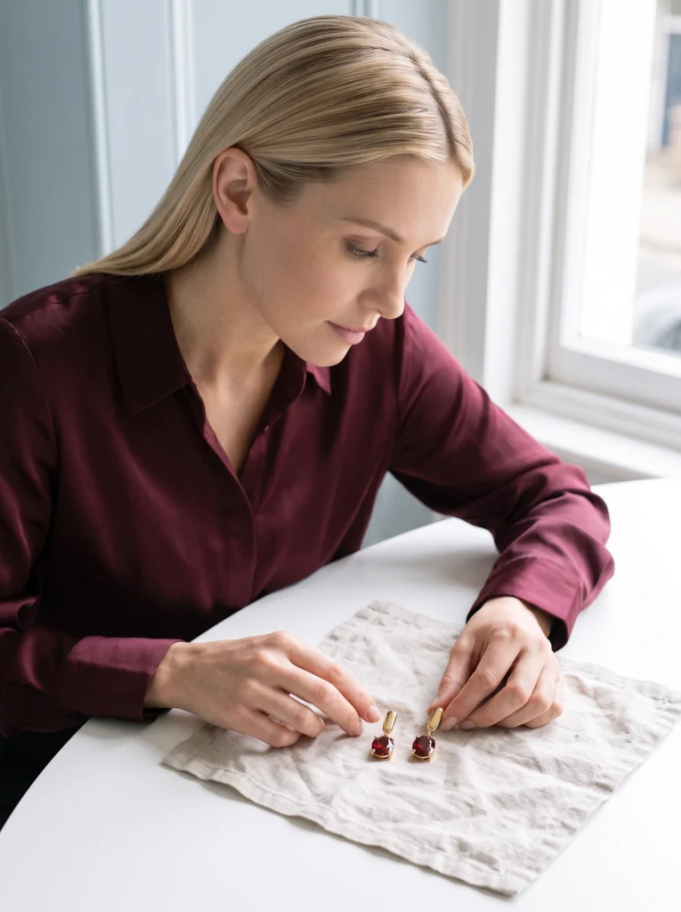 Blonde woman placing two gold-and-garnet earrings side by side on pale linen.