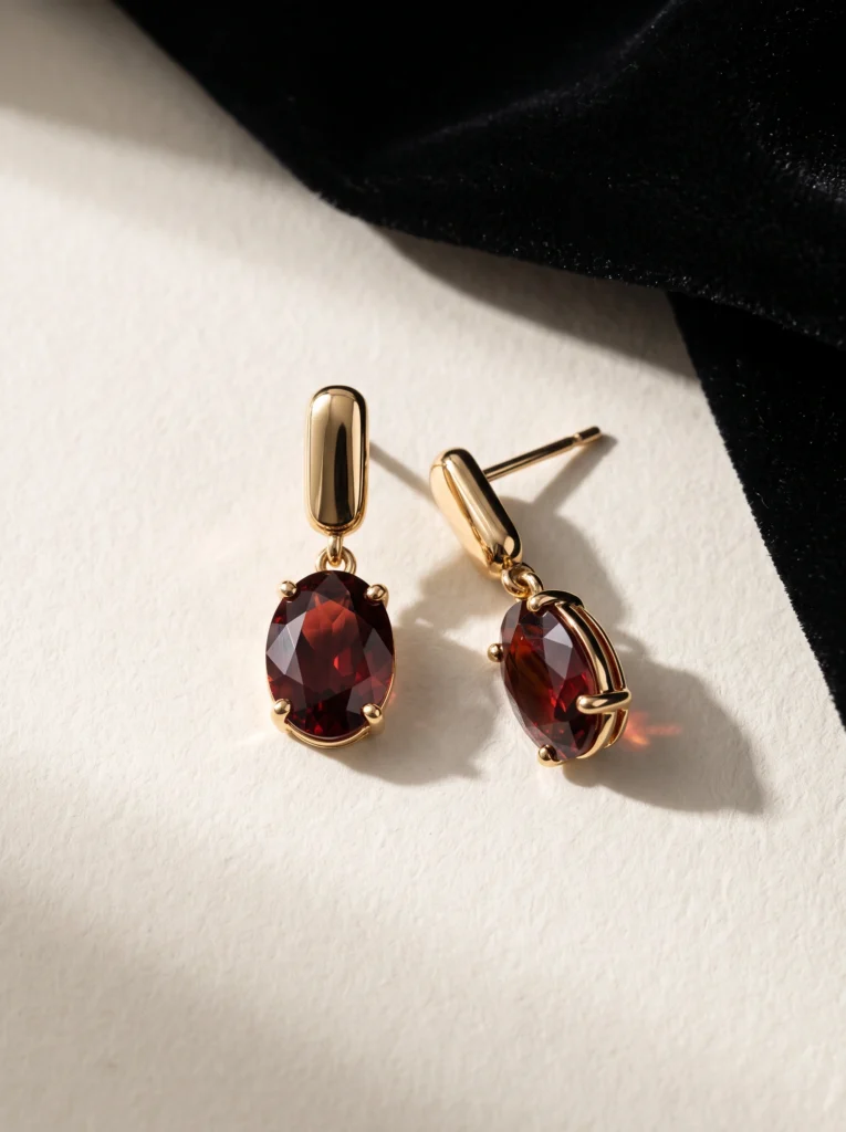 Two gold-and-garnet drop earrings on ivory paper beside a black velvet edge.