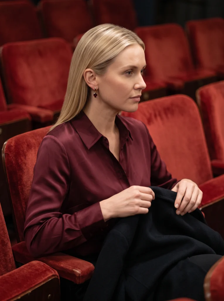Blonde woman seated in a red theatre chair holding a dark coat below her gold-and-garnet earring.