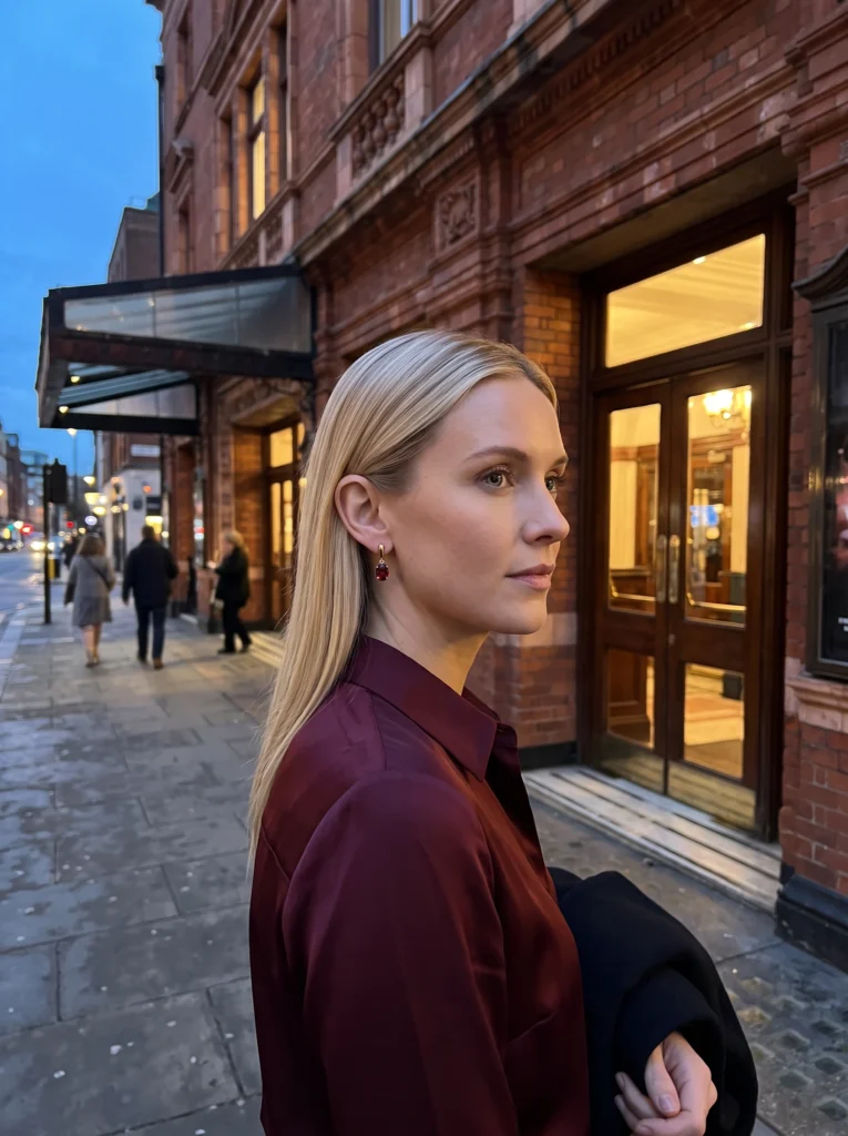 Gold-and-garnet drop earrings: theatre arrival with coat on forearm.