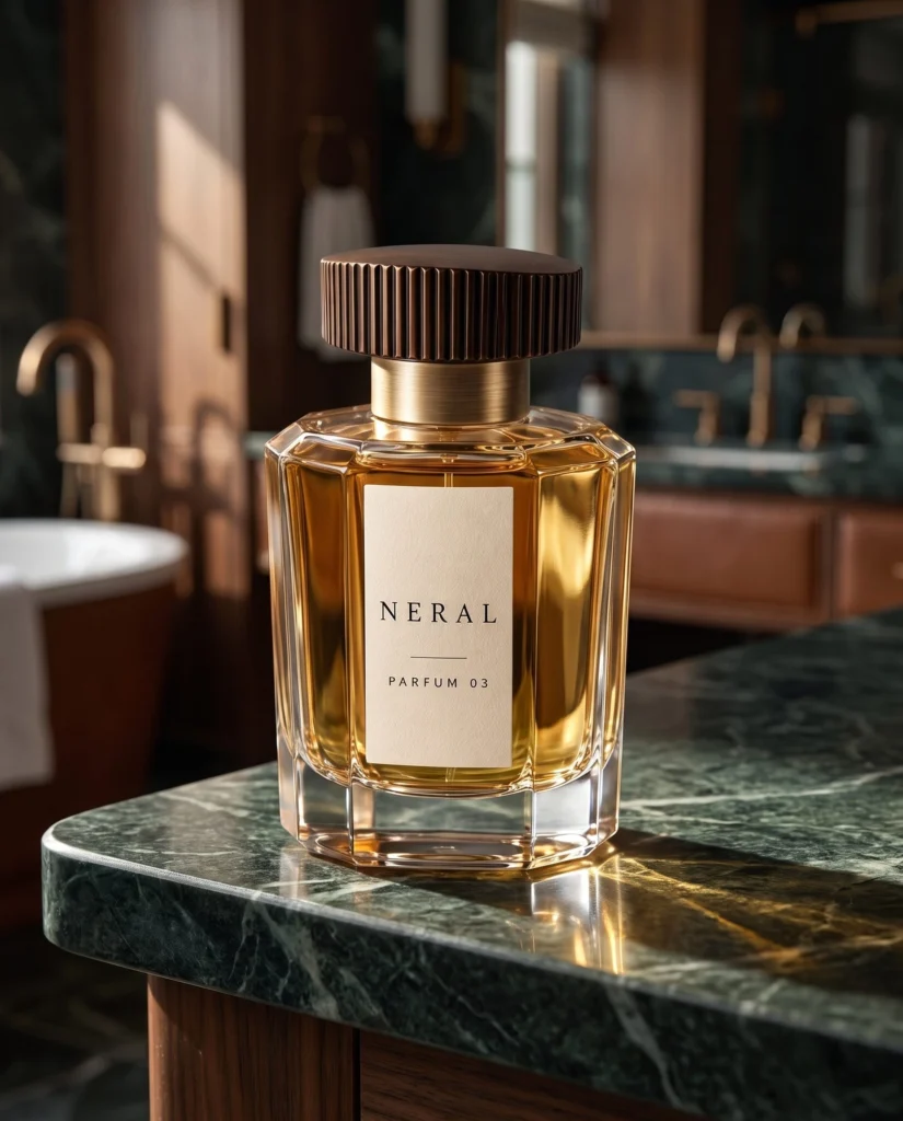 NERAL PARFUM 03 bottle on dark-green marble in warm bathroom light.