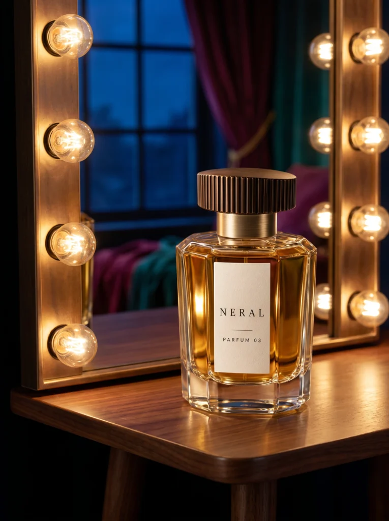 NERAL perfume beside warm dressing-room mirror bulbs and a blue evening window.
