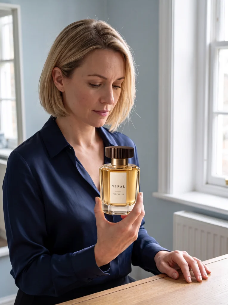 Blonde woman in navy holding one NERAL perfume bottle with its ivory label visible while getting ready.
