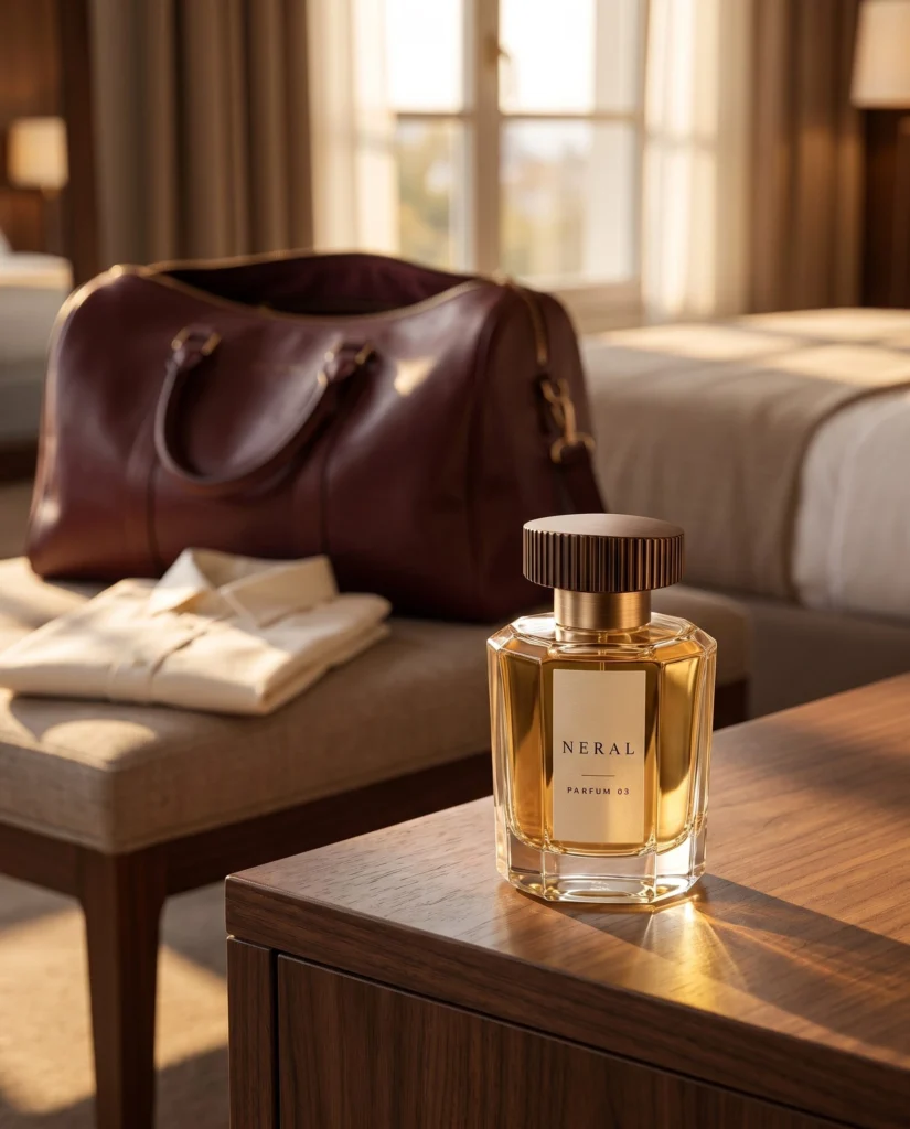 NERAL perfume beside a weekender and folded shirt in a hotel room.