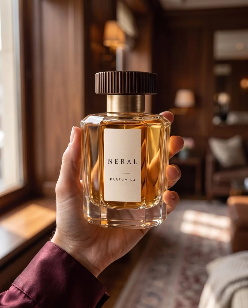 Hand holding the complete NERAL perfume bottle with its front label visible.