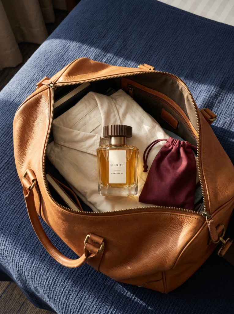 NERAL PARFUM 03: top-down bottle packed on a shirt in an open leather weekender.
