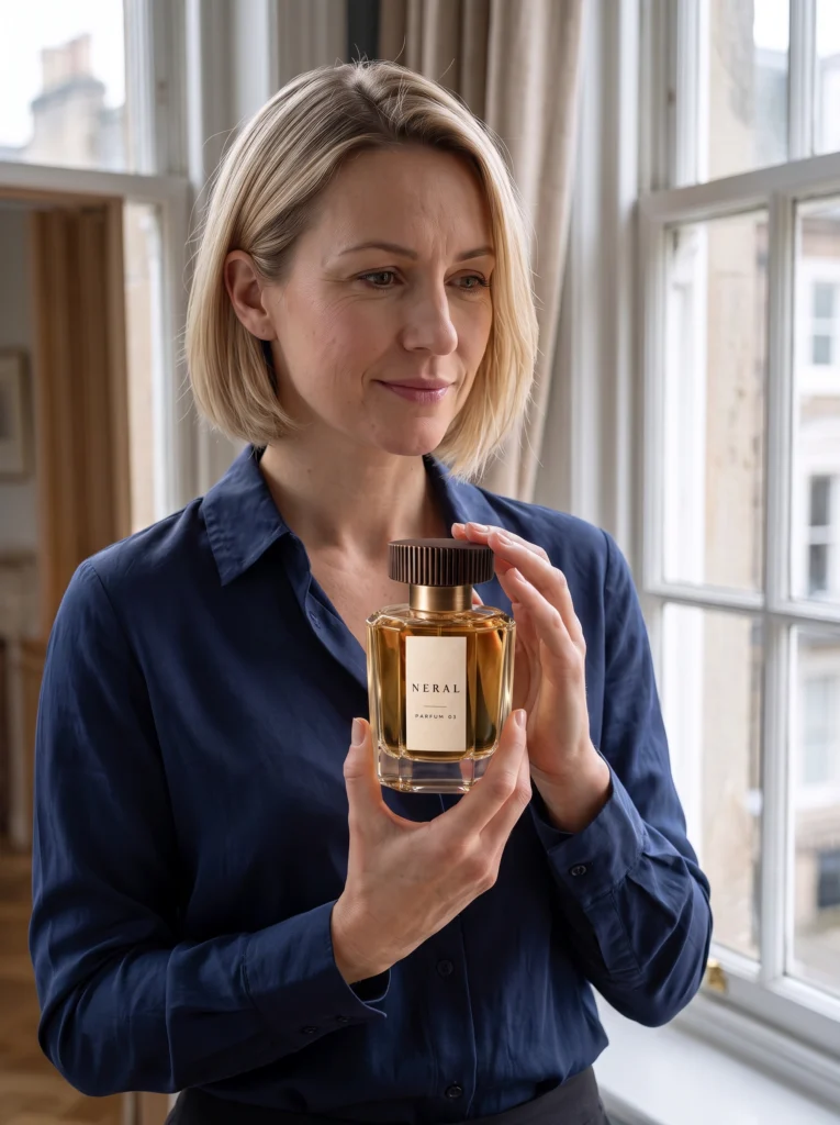 NERAL PARFUM 03: woman holding the closed bottle beside a hotel window.