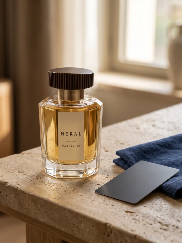 Capped NERAL perfume bottle beside a blank hotel key card and folded navy cloth on pale stone.