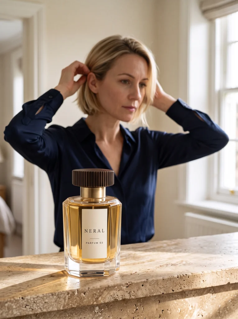 Capped NERAL perfume bottle on a stone vanity while a blonde woman tucks back her hair.