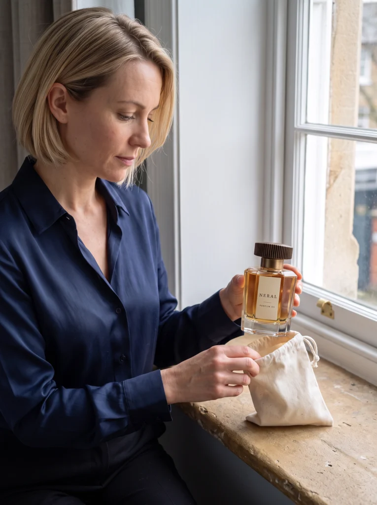 Blonde woman holding the capped NERAL bottle above an open cream cotton pouch beside a window.
