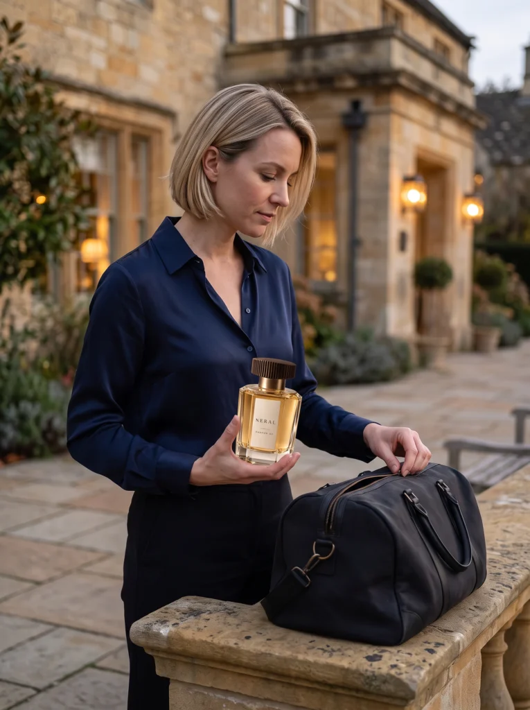 Blonde woman supporting a capped NERAL perfume bottle while opening a navy travel bag outside a stone hotel.