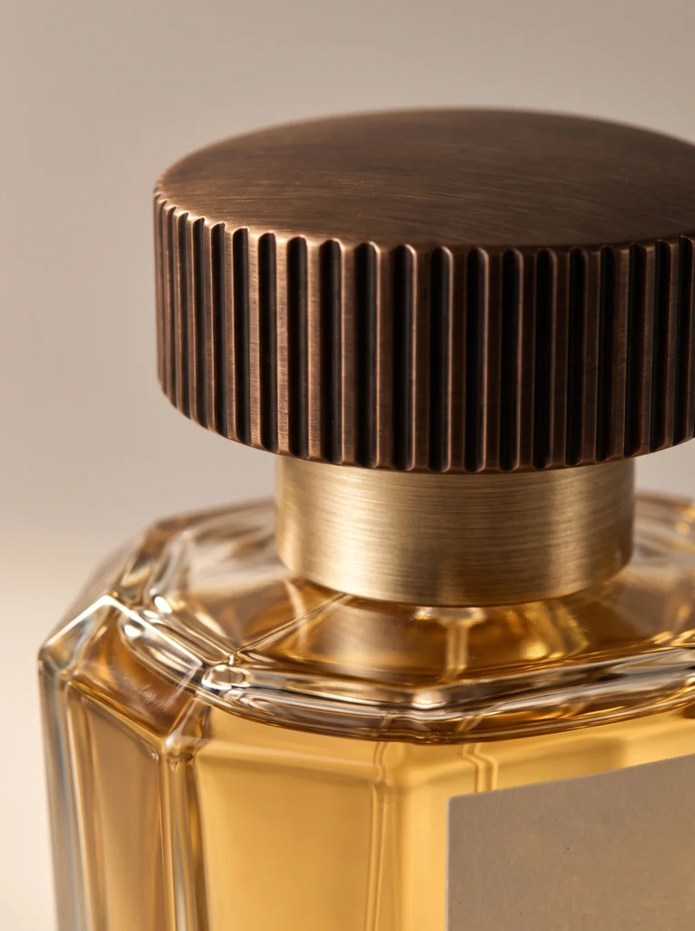 Close view of the fragrance bottle bronze cap fluting, golden collar and faceted glass shoulder.