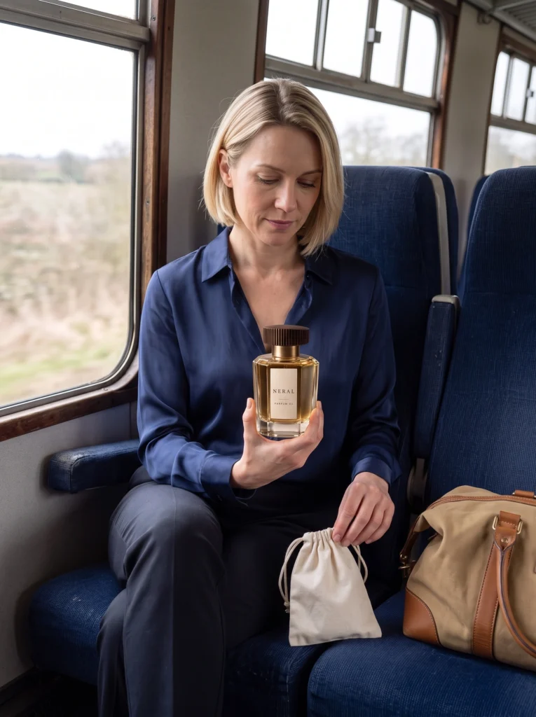 Blonde woman handling the capped NERAL perfume bottle beside a travel pouch in a train compartment.