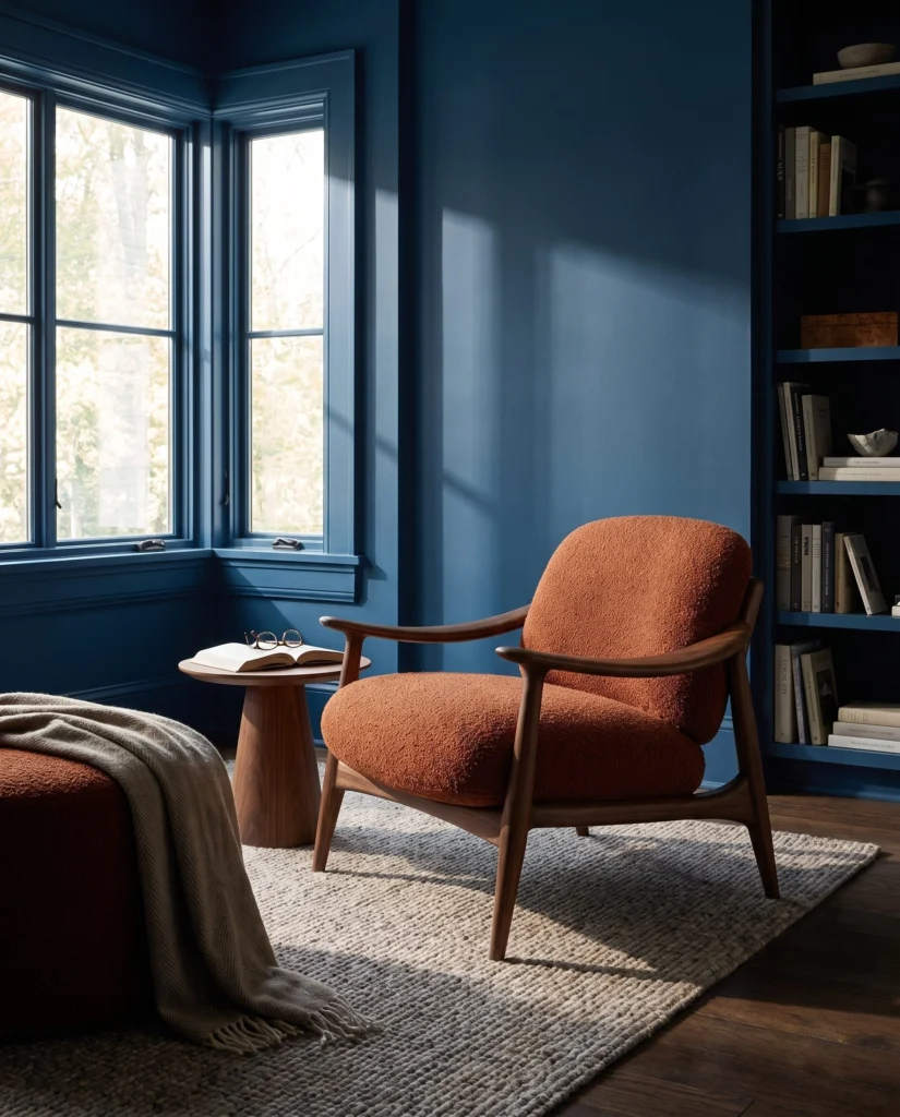 Rust upholstered walnut accent chair in a blue reading room.