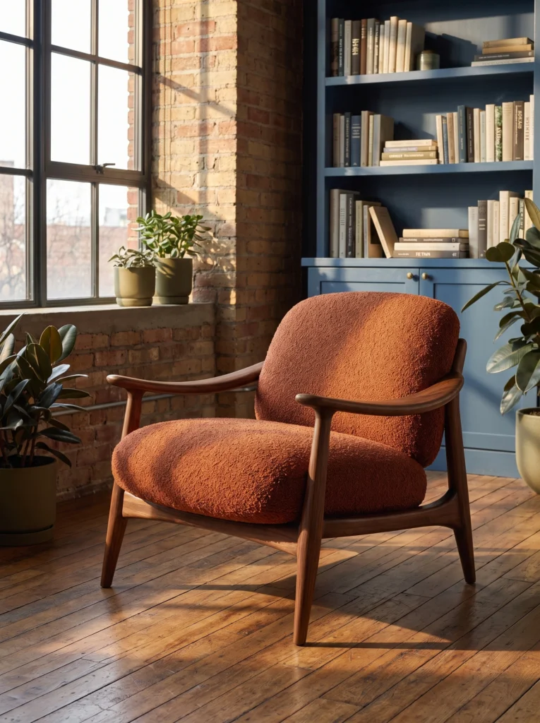 Rust-and-walnut armchair in a brick sunroom with blue shelving and afternoon sunlight.