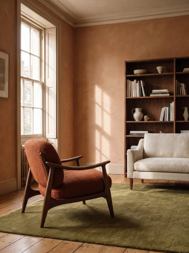 Complete rust-and-walnut armchair in a terracotta apartment with an olive rug.